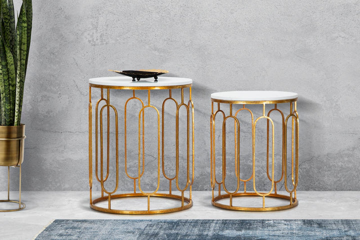 Glame bord i jern, glas og kunstig marmor – 46x55 39x48 cm