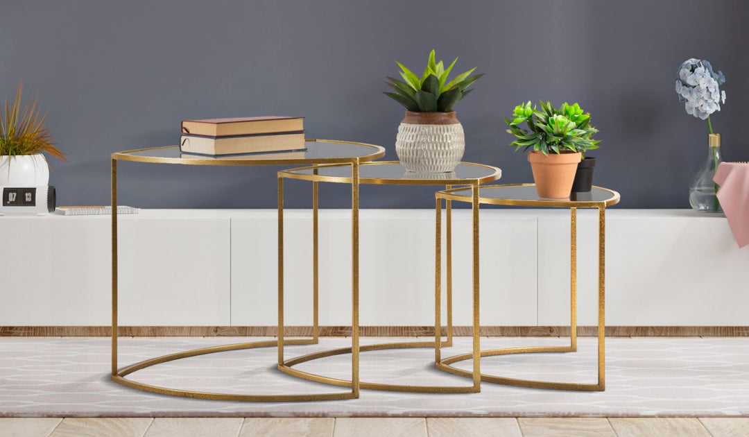 Glam sofaborde i metal og glas – 60x50 og 50x45 og 40x40 cm