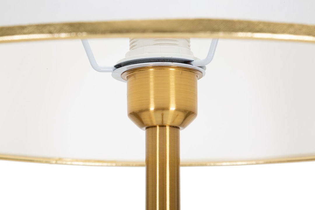 Glam bordlampe i guldfarve, metal og stof