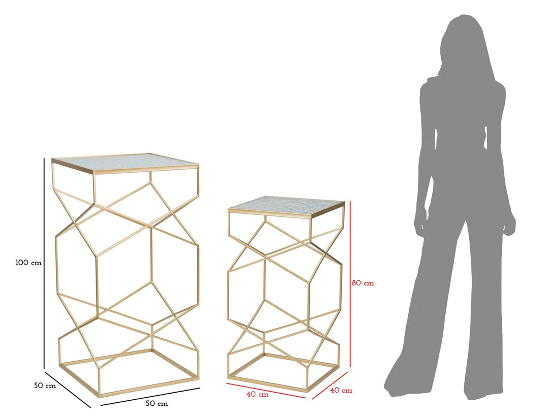 Glam sideborde i guldfarve, jern og glas – 50x50x100 og 40x40x80 cm