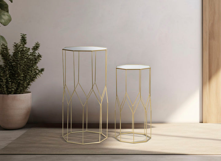 Glam sideborde i guldfarve, jern og glas – 50x46x100 40x37x80 cm