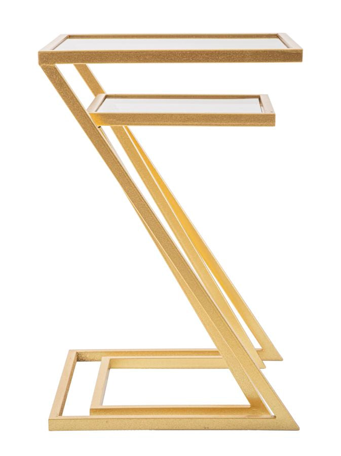 Glam borde i guldfarve, jern og glas – 40x40x60 og 30x30x50 cm