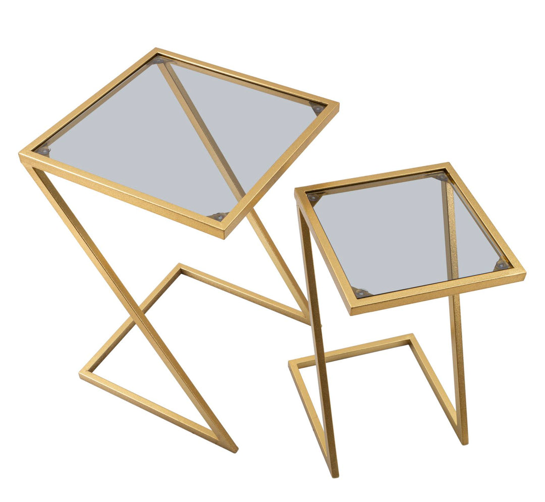 Glam borde i guldfarve, jern og glas – 40x40x60 og 30x30x50 cm