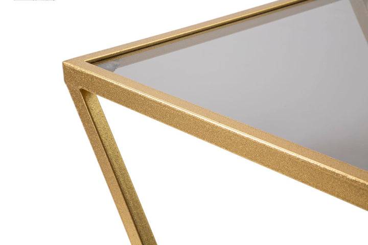 Glam borde i guldfarve, jern og glas – 40x40x60 og 30x30x50 cm