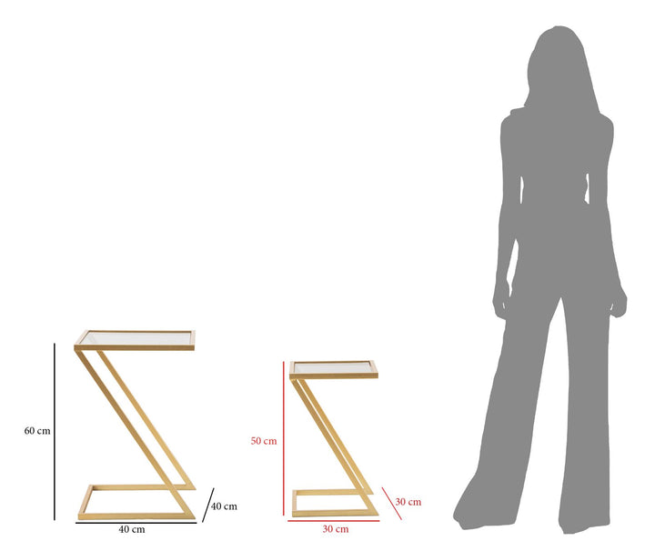 Glam borde i guldfarve, jern og glas – 40x40x60 og 30x30x50 cm