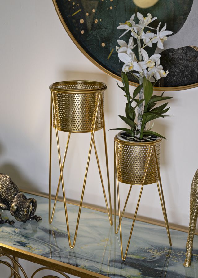 Glam vaser i guldfarve, metal – 21x20x46 og 18x18x32 cm