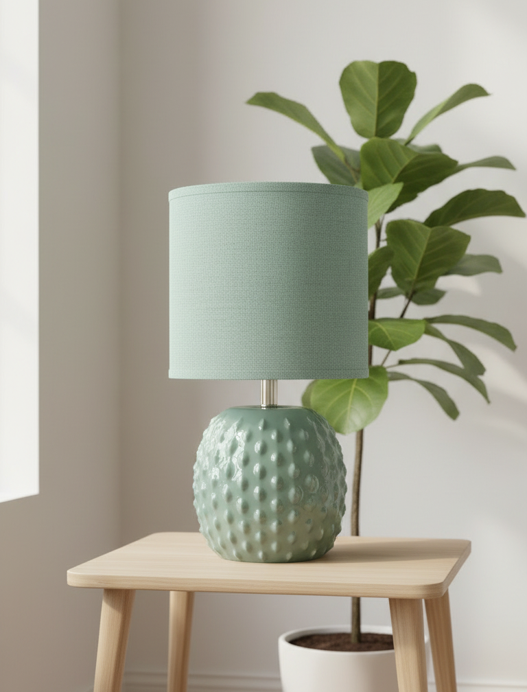 Moderne bordlampe i keramik, metal og stof  – 14x27 cm