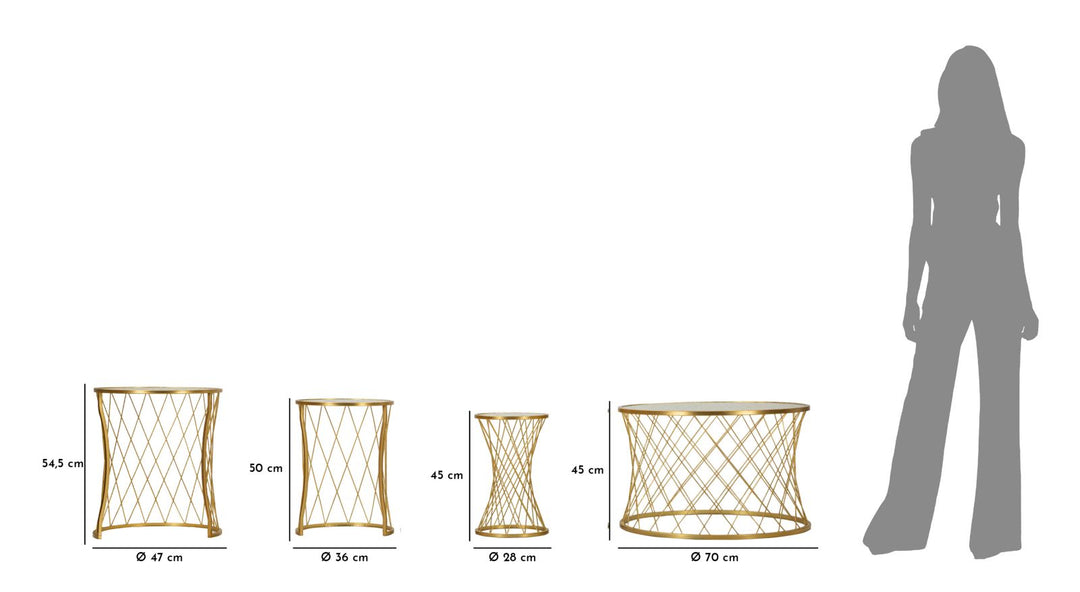 Glam borde, sæt med 4 styks, metal og glas – 70x45 47x54x5 36x50 28x45 cm