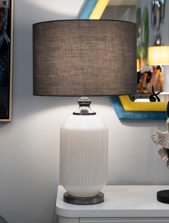 Bordlampe i glas, jern og stof – 37x5x65 cm