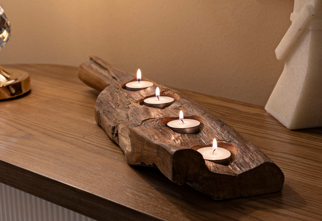 Lysestage i teaktræ – 51x14x6 cm