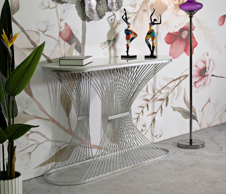 Glam konsolbord i sølvfarve, metal og kunstig marmor – 120x35x79 cm