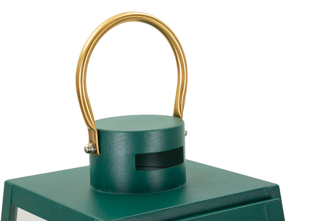 Glam lanterner i jern og glas, grøn og guldfarvet – 25x25x57 og 20x20x45 cm