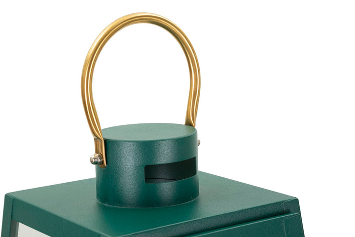 Glam lanterner i jern og glas, grøn og guldfarvet – 25x25x57 og 20x20x45 cm