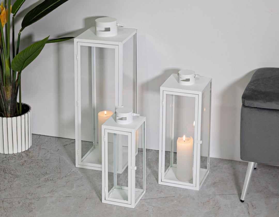 Glam lanterner i jern og glas – 22x22x66 og 18x18x49 og 14x14x39 cm