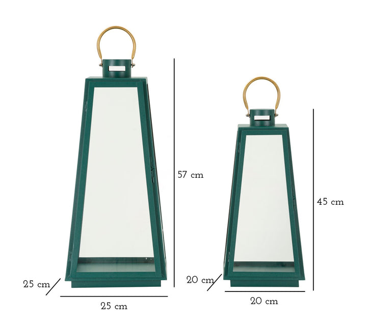 Glam lanterner i jern og glas, grøn og guldfarvet – 25x25x57 og 20x20x45 cm