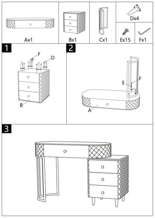 Glam sminkebord med skammel, guldfarvede kanter, 120x40x75, 36x39 cm