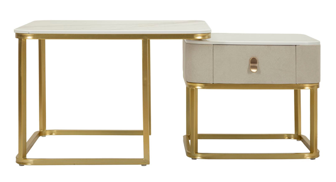 Glam borde i guldfarve, fyrretræ, MDF og metal – 70x70x48, 50x50x43 cm