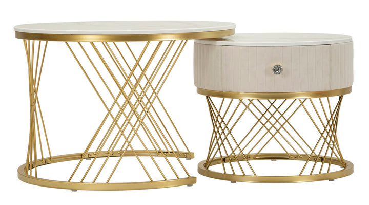 Glam borde i guldfarve, fyrretræ, MDF og metal – 70x48 og 50x43x5 cm