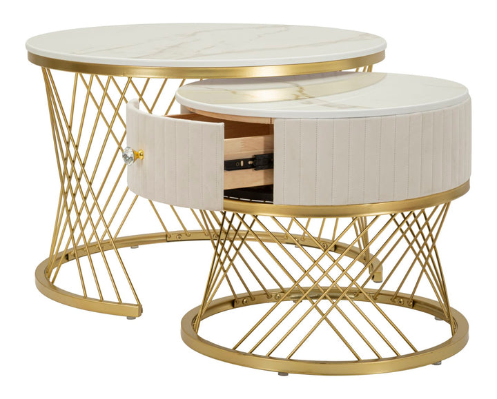 Glam borde i guldfarve, fyrretræ, MDF og metal – 70x48 og 50x43x5 cm