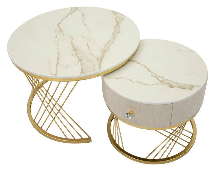 Glam borde i guldfarve, fyrretræ, MDF og metal – 70x48 og 50x43x5 cm