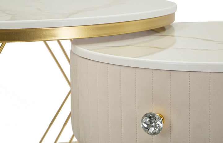 Glam borde i guldfarve, fyrretræ, MDF og metal – 70x48 og 50x43x5 cm