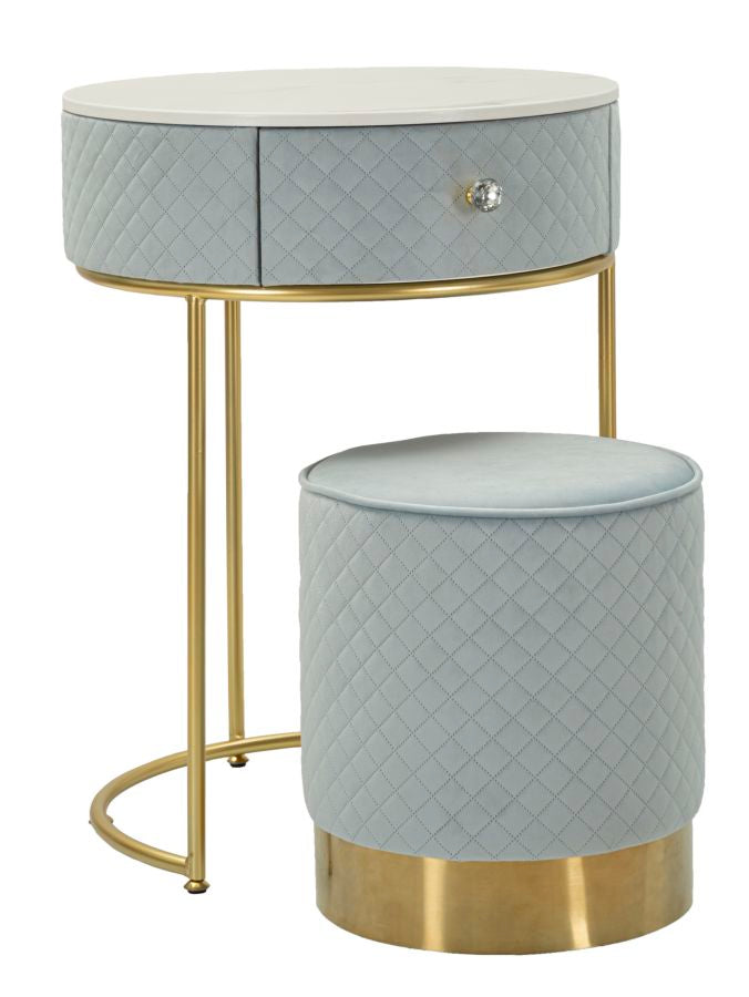 Glam bord i fyrretræ, mdf og metal, lyseblå med guldfarve – 52x70 36x39 cm