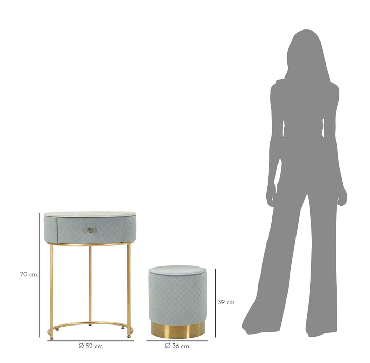 Glam bord i fyrretræ, mdf og metal, lyseblå med guldfarve – 52x70 36x39 cm