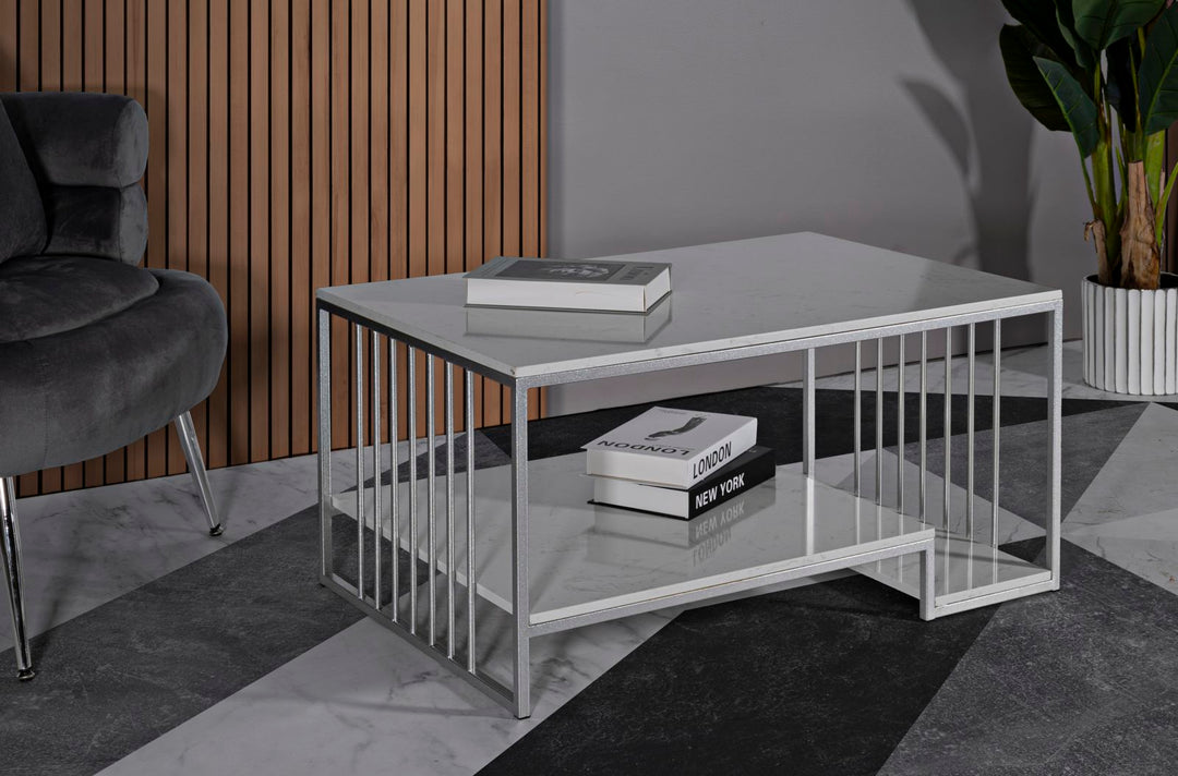 Glam bord i hvid, metal og kunstig marmor – 90x60x45 cm