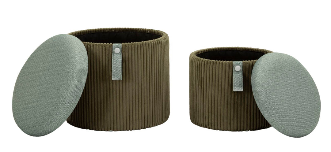 Taburetter i grøn, mdf og polyester – 38x38 32x28 cm