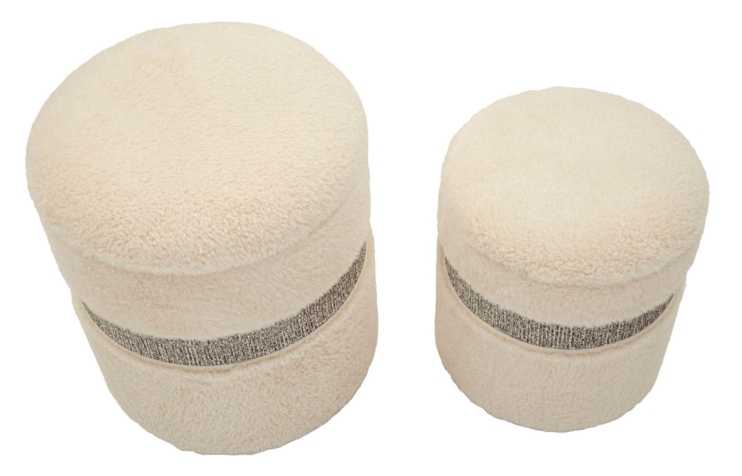 Taburetter i creme, mdf og polyester – 40x47 og 32x38 cm