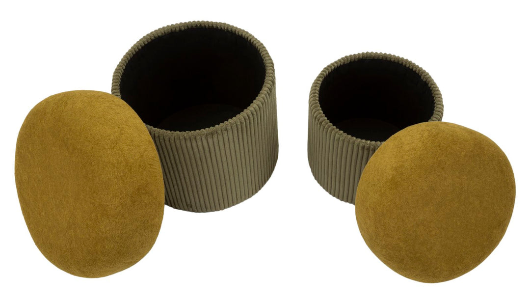 Taburetter i grøn, mdf og polyester – 42x44 og 35x37 cm