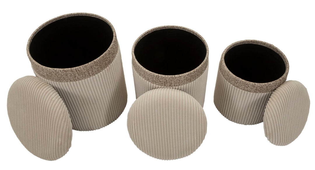 Taburetter i creme, mdf og polyester – 40x5x49 og 35x42 og 31x38 cm