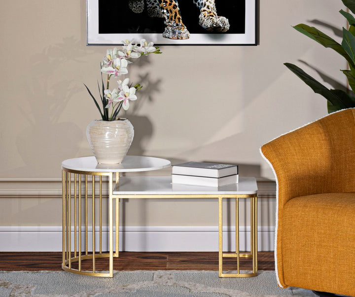 Glam bord i guldfarve i jern og marmor – 90x50x50 cm