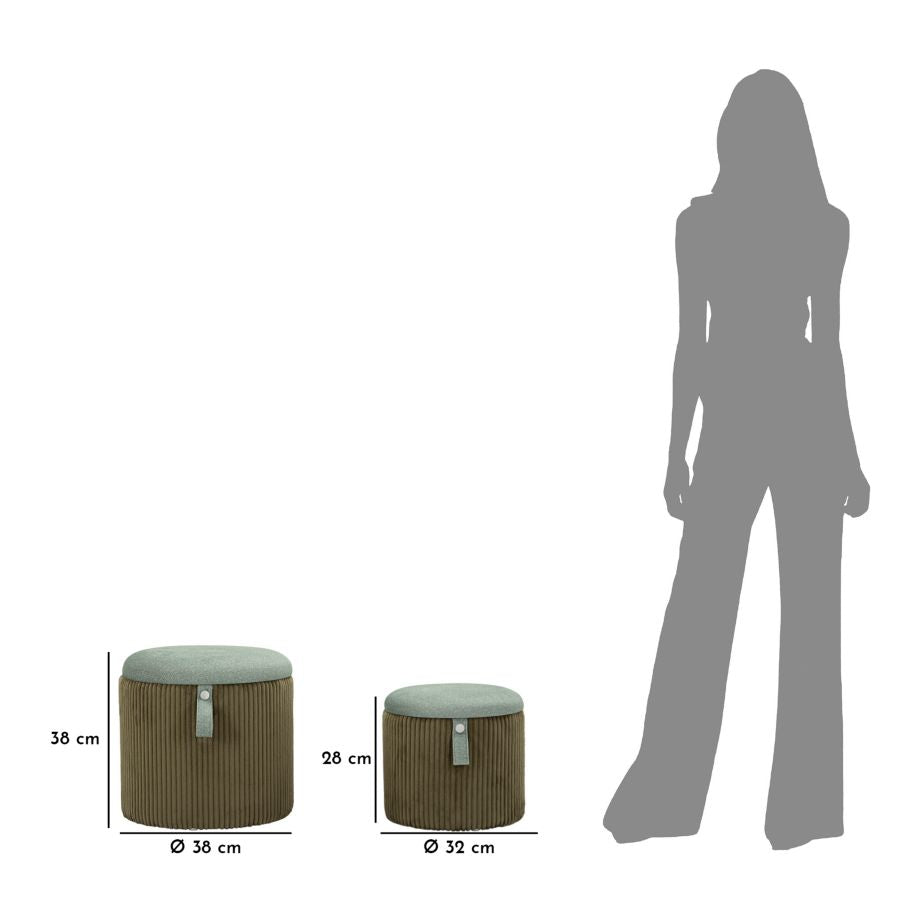 Taburetter i grøn, mdf og polyester – 38x38 32x28 cm