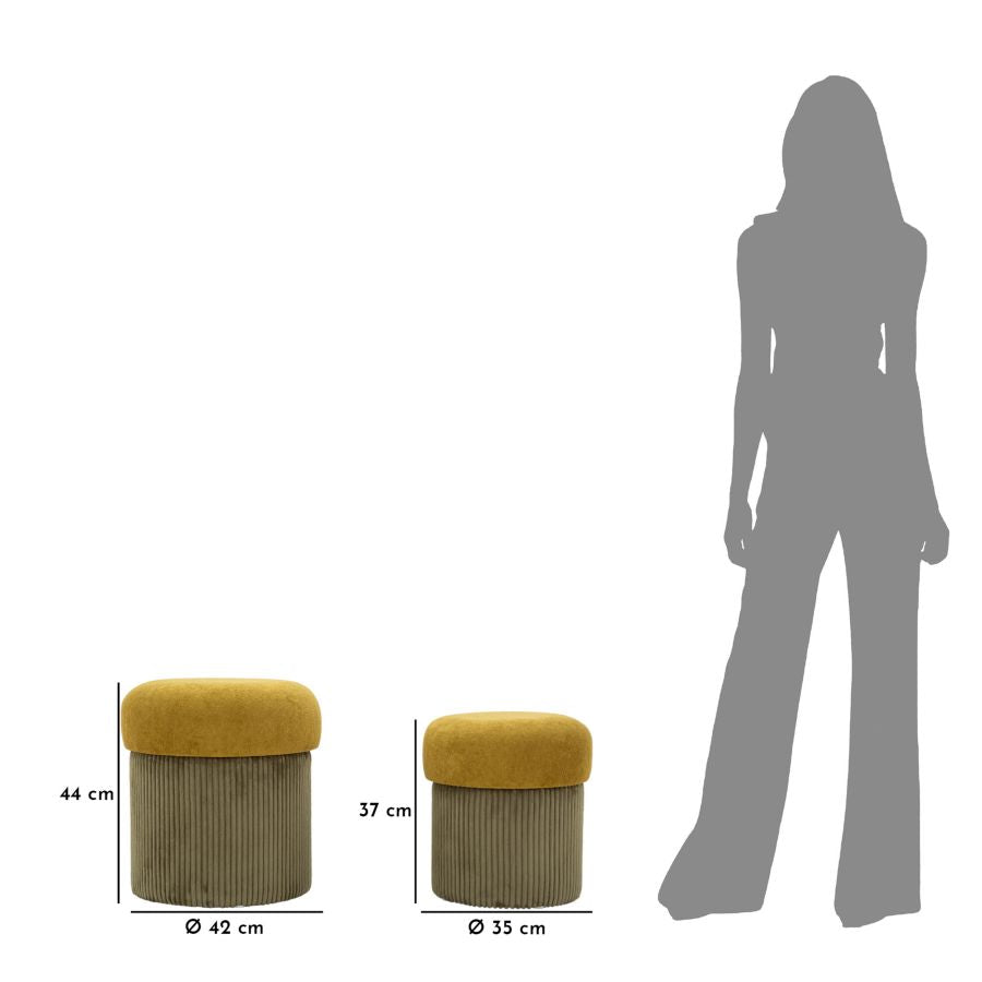 Taburetter i grøn, mdf og polyester – 42x44 og 35x37 cm