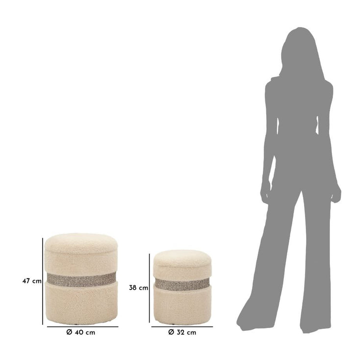 Taburetter i creme, mdf og polyester – 40x47 og 32x38 cm