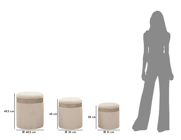 Taburetter i creme, mdf og polyester – 40x5x49 og 35x42 og 31x38 cm