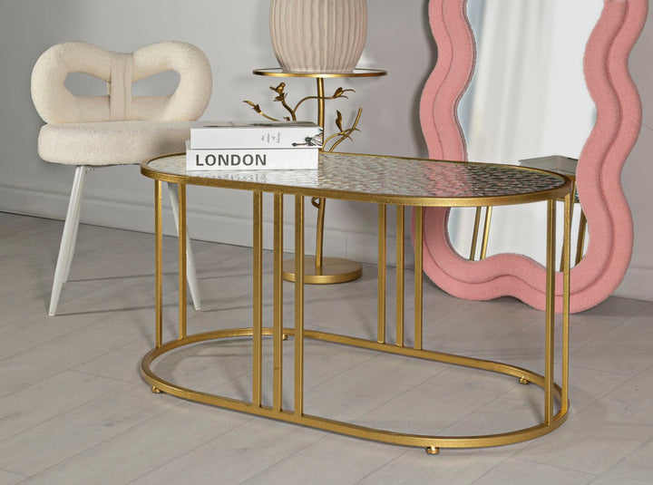 Glam bord i guldfarve i jern og glas – 90x50x45 cm