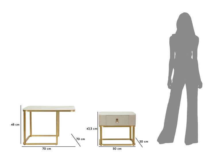 Glam borde i guldfarve, fyrretræ, MDF og metal – 70x70x48, 50x50x43 cm