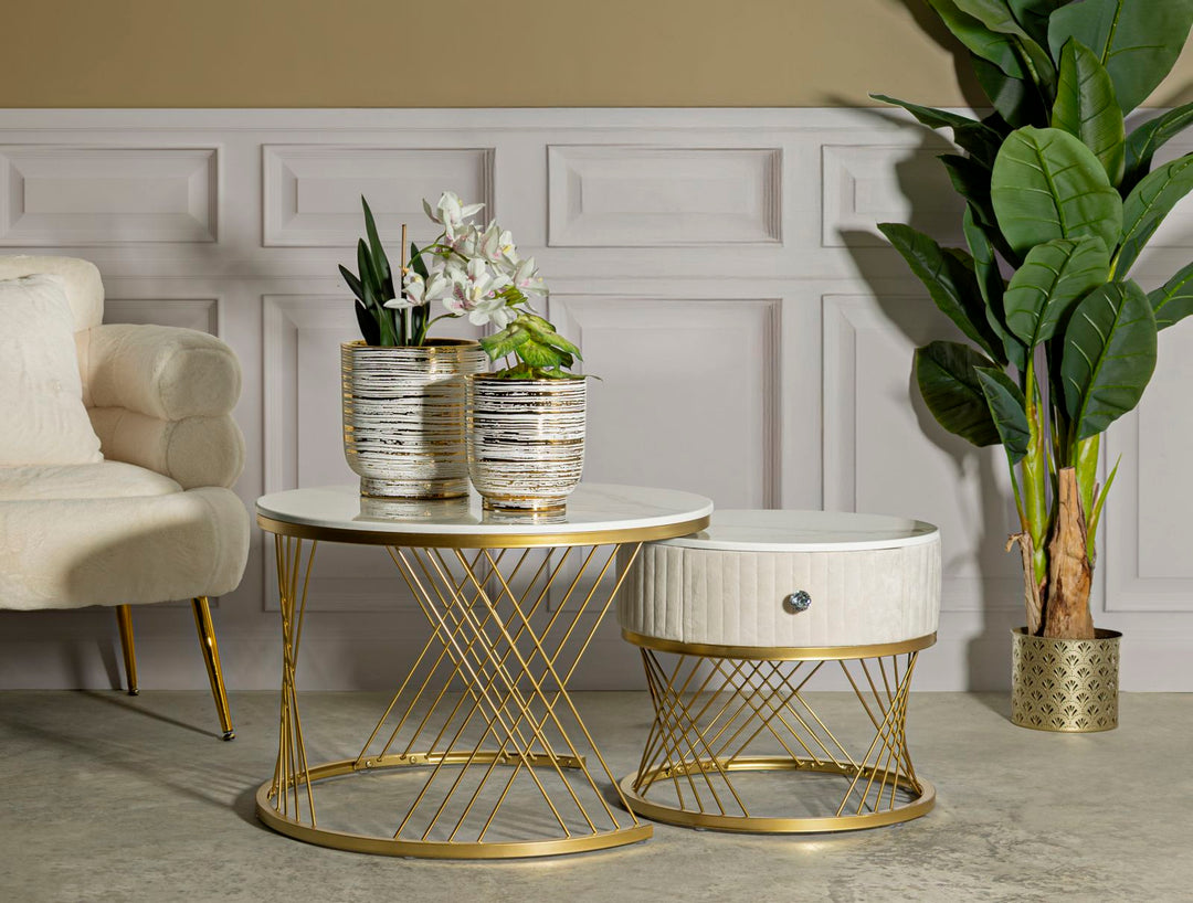 Glam borde i guldfarve, fyrretræ, MDF og metal – 70x48 og 50x43x5 cm