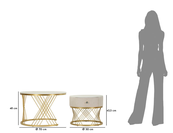 Glam borde i guldfarve, fyrretræ, MDF og metal – 70x48 og 50x43x5 cm