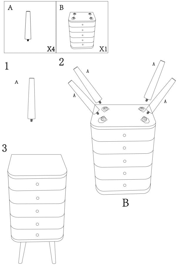 Kommode med 5 skuffer, 37,5X34X89 cm, hvid