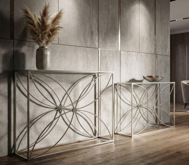 PARADISE CONSOLE – Sæt med 2 konsolborde i sølv (100 x 30 x 78 cm / 90 x 25 x 72 cm)