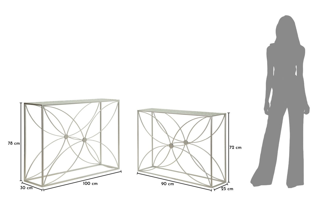 PARADISE CONSOLE – Sæt med 2 konsolborde i sølv (100 x 30 x 78 cm / 90 x 25 x 72 cm)