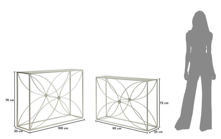 PARADISE CONSOLE – Sæt med 2 konsolborde i sølv (100 x 30 x 78 cm / 90 x 25 x 72 cm)