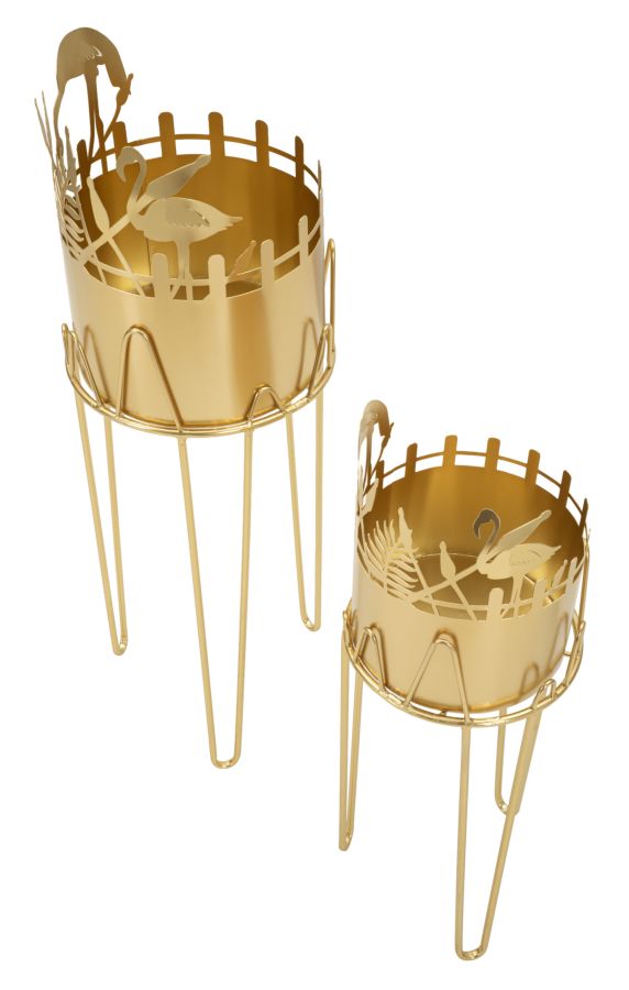 FLAMINGO VASE HOLDER – Sæt med 2 planteholdere i guld (Ø27 x 79 cm / Ø22,8 x 62 cm)