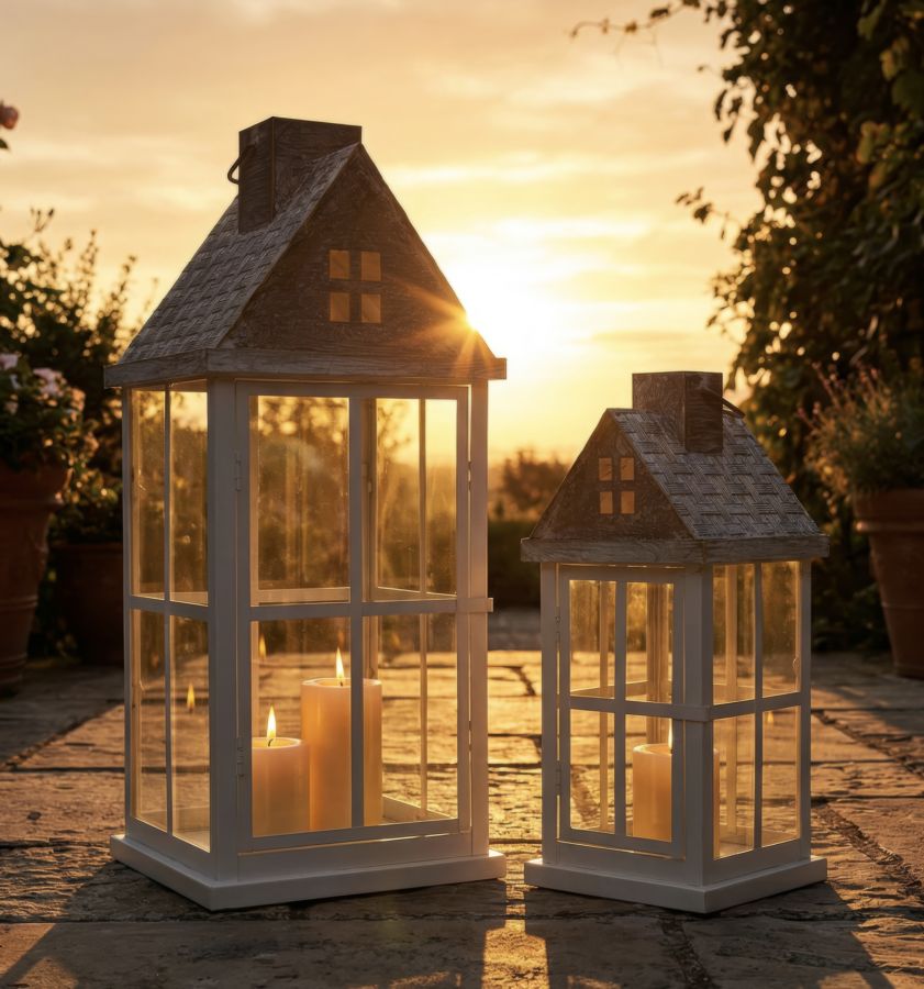 HOME LANTERN – Sæt med 2 lanterner i træ og metal (24,5 x 24,5 x 55 cm / 17 x 17 x 37,5 cm)