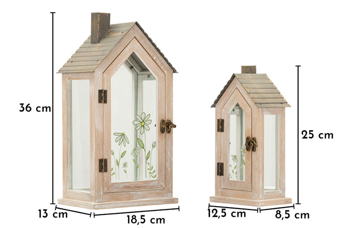 FLOWER LANTERN – Sæt med 2 lanterner i træ (18 x 13 x 36 cm / 12,5 x 8,5 x 25 cm)