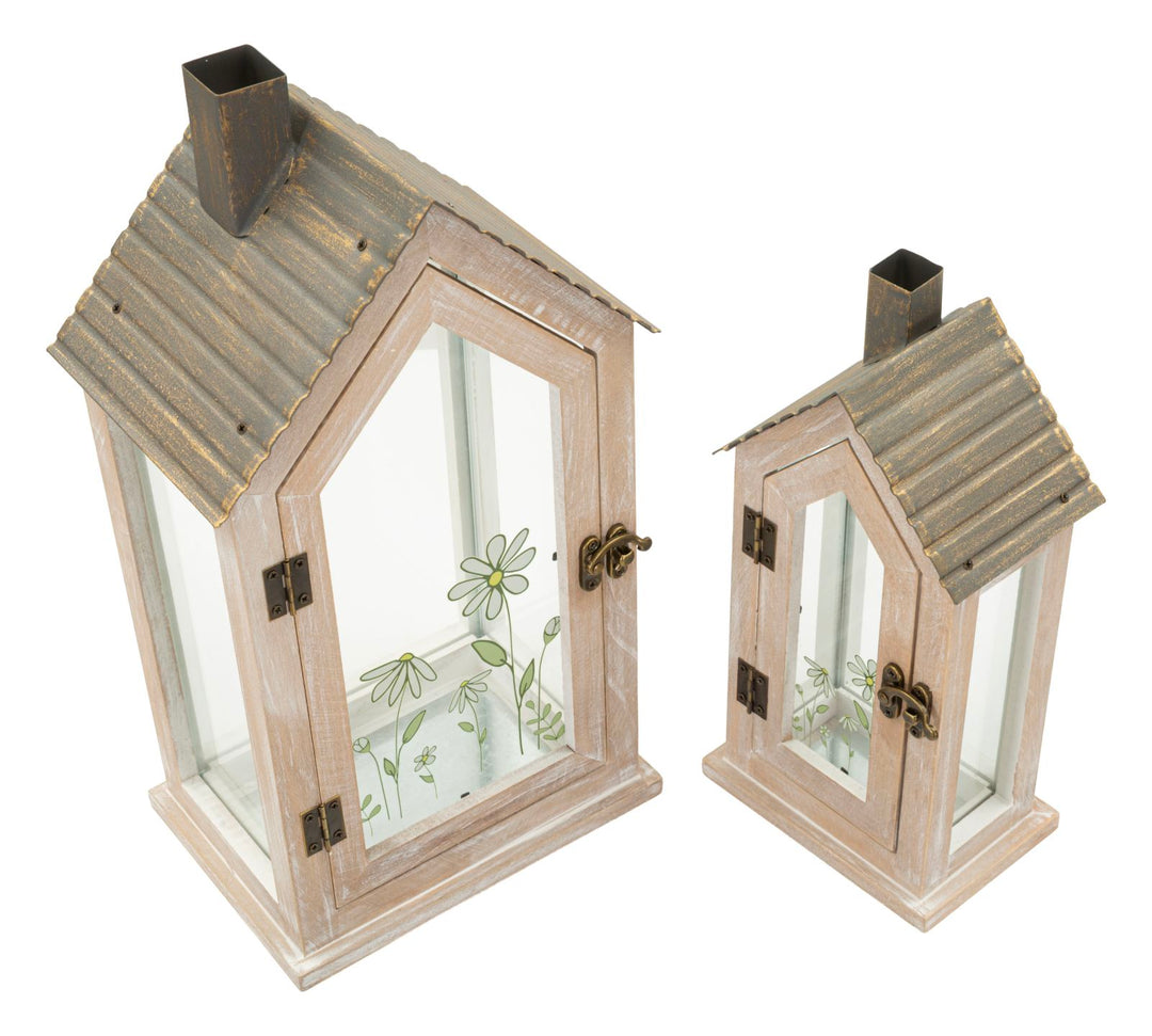 FLOWER LANTERN – Sæt med 2 lanterner i træ (18 x 13 x 36 cm / 12,5 x 8,5 x 25 cm)