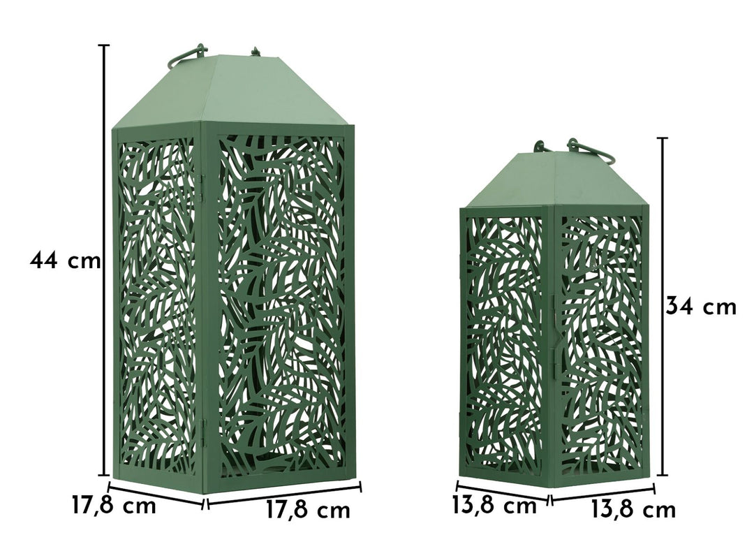 CARVING LANTERN – Sæt med 2 lanterner i grøn (17,8 x 17,8 x 44 cm / 13,8 x 13,8 x 34 cm)